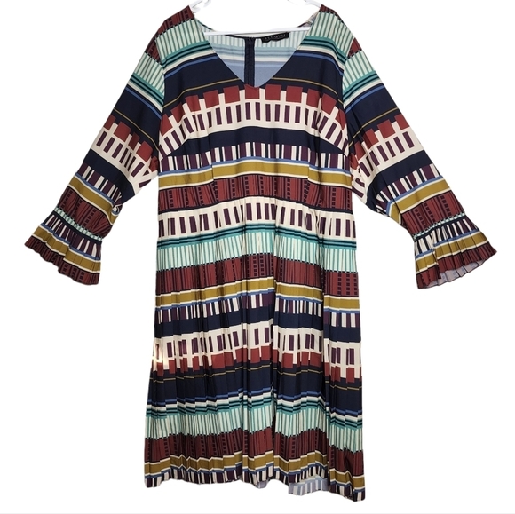 Eloquii Multicolored Pleated Dress Long Sleeve Flare Pleat Cuff Est Size 2X - Picture 1 of 16